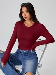 SHEIN PETITE 純色長袖修身白色T恤連身褲 - 酒紅色 - 查看 4