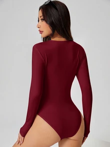 SHEIN PETITE 純色長袖修身白色T恤連身褲 - 酒紅色 - 查看 8