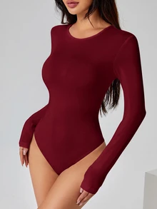 SHEIN PETITE 純色長袖修身白色T恤連身褲 - 酒紅色 - 查看 9