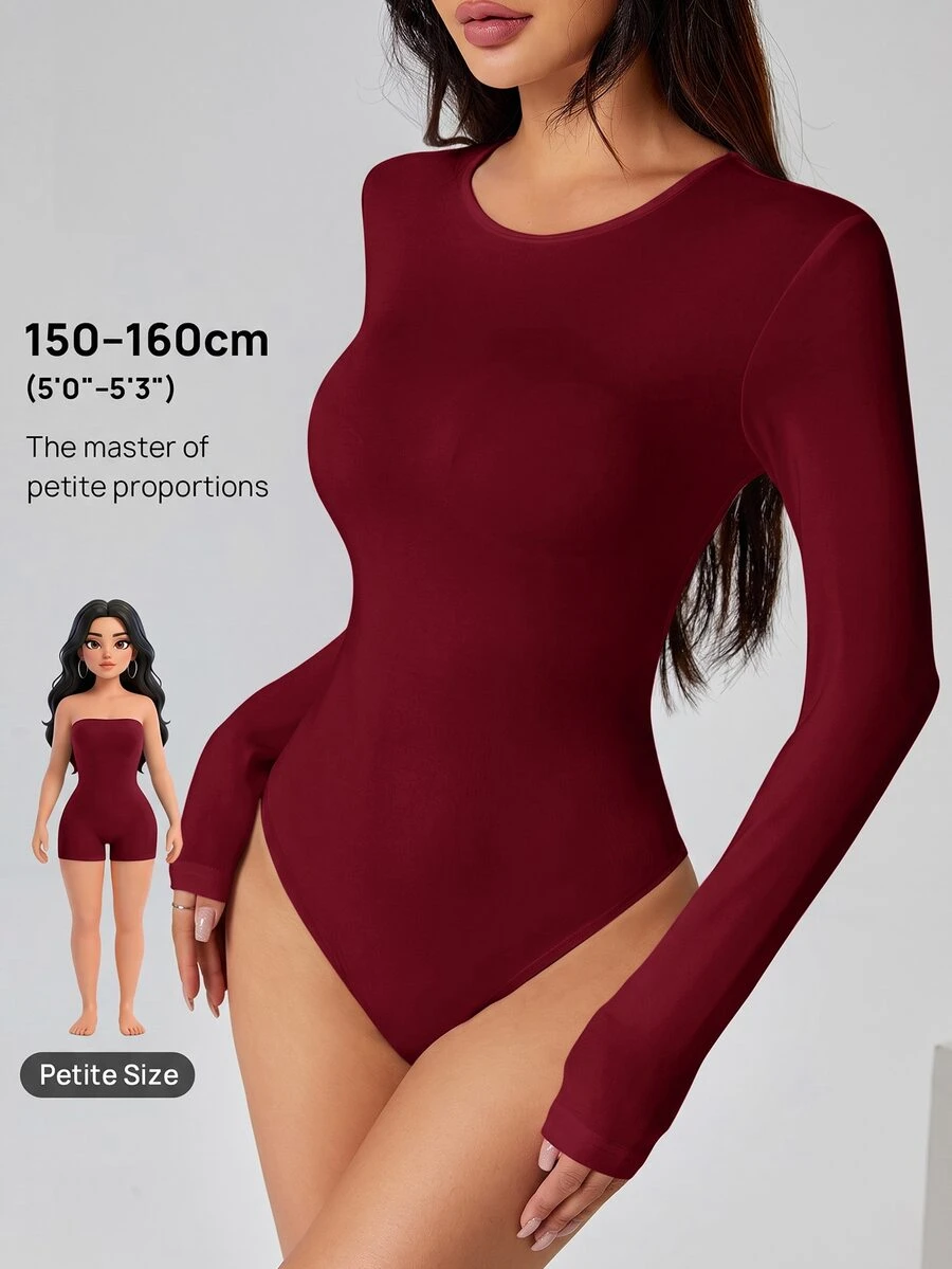 SHEIN PETITE 純色長袖修身白色T恤連身褲 - 酒紅色 - 查看 1