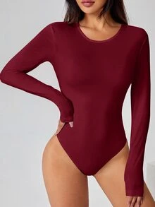 SHEIN PETITE 純色長袖修身白色T恤連身褲 - 酒紅色 - 查看 6