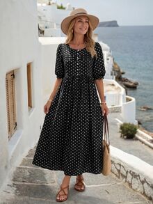 EMERY ROSE Women's Polka Dot Print Long Casual French Vintage Vacation Dress Vacation Black White Polka Dot Polka Dot Summer Vacation - Black - View 6