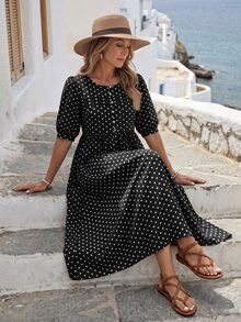 EMERY ROSE Women's Polka Dot Print Long Casual French Vintage Vacation Dress Vacation Black White Polka Dot Polka Dot Summer Vacation - Black - View 5
