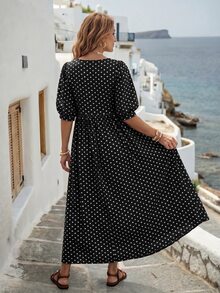 EMERY ROSE Women's Polka Dot Print Long Casual French Vintage Vacation Dress Vacation Black White Polka Dot Polka Dot Summer Vacation - Black - View 2