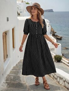 EMERY ROSE Women's Polka Dot Print Long Casual French Vintage Vacation Dress Vacation Black White Polka Dot Polka Dot Summer Vacation - Black - View 4