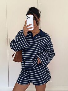 Siren Gaze 女款百搭條紋拼色長袖上衣與短褲兩件套 - 彩色 - 查看 3