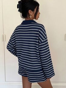 Siren Gaze 女款百搭條紋拼色長袖上衣與短褲兩件套 - 彩色 - 查看 2
