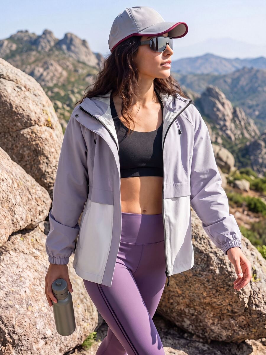 Exploreva Exploreva Women's Hooded Colorblock Zip-Up Casual Versatile Daily Outdoor Softshell Jacket - Purple - View 1