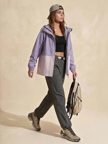 Exploreva Exploreva Women's Hooded Colorblock Zip-Up Casual Versatile Daily Outdoor Softshell Jacket - Purple - View 5