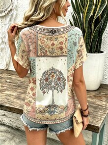 SHEIN LUNE 波希米亞風粉色與棕色花卉刺繡V領T恤，夏季度假休閒短袖上衣 - 彩色 - 查看 2
