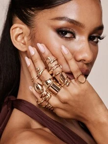 Valisandre 14/2pcs Exaggerated Vintage Coin Textured Multi-Layer Geometric Asymmetrical Shape Hollow Circle Wave Design Chunky Rings Set - Yellow Gold - View 3
