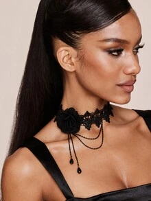 Valisandre 1pc Cross-Border Fashion Lace Necklace - Black - View 3