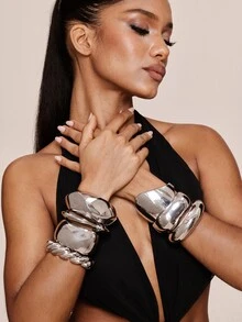 Valisandre Exaggerated Wide Geometric Bracelets Sliver Color Asymmetrical Chunky Jewelry - Multicolor - View 6