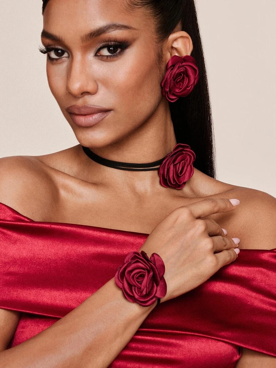 Valisandre 4pcs Set Women's Vintage Gothic Black Rose Flower Choker Necklace, Satin Rose Rope Necklace, Bracelet & Earrings Jewelry Set - Burgundy - View 1