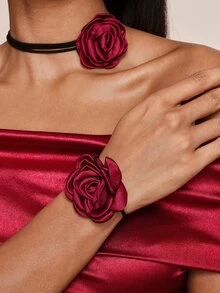 Valisandre 4pcs Set Women's Vintage Gothic Black Rose Flower Choker Necklace, Satin Rose Rope Necklace, Bracelet & Earrings Jewelry Set - Burgundy - View 4