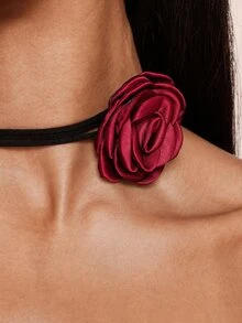 Valisandre 4pcs Set Women's Vintage Gothic Black Rose Flower Choker Necklace, Satin Rose Rope Necklace, Bracelet & Earrings Jewelry Set - Burgundy - View 7
