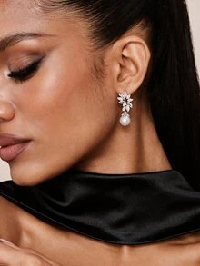 Valisandre 2pcs Set Elegant Floral Design White Zirconia Earrings - Silver - View 1