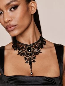 Valisandre Women's Black Choker Necklace Set, Including Velvet Choker, Lace Choker - Black - View 3