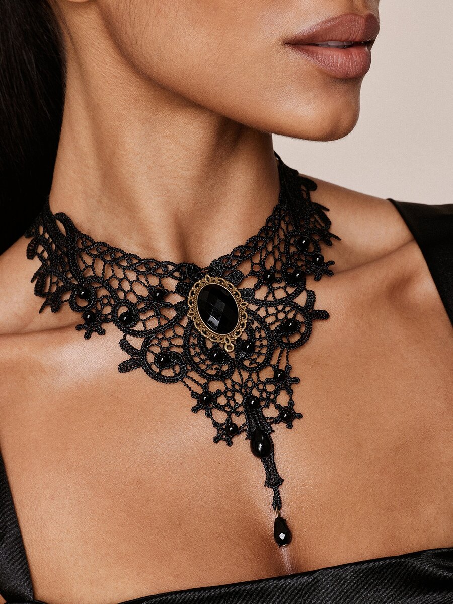 Valisandre Women's Black Choker Necklace Set, Including Velvet Choker, Lace Choker - Black - View 1
