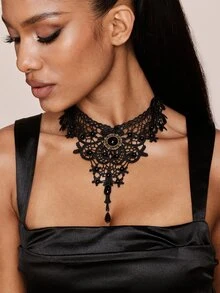 Valisandre Women's Black Choker Necklace Set, Including Velvet Choker, Lace Choker - Black - View 6
