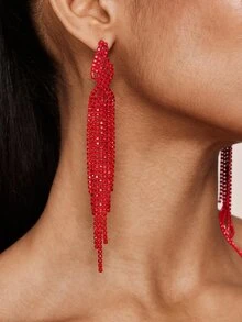 Valisandre 1pair Super Sparkly Full Crystal Fringe Earrings, Perfect For Women To Wear Daily - Red - View 1