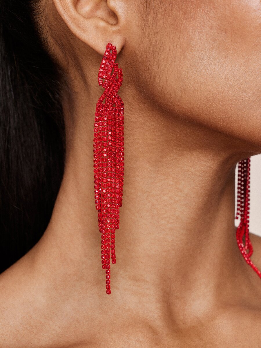 Valisandre 1pair Super Sparkly Full Crystal Fringe Earrings, Perfect For Women To Wear Daily - Red - View 1