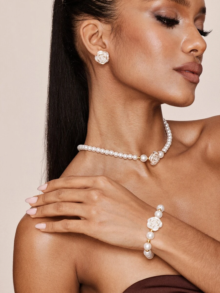 Valisandre 1 Set Women's Jewelry Set, Faux Pearl Flower Necklace, Fashion Bracelet, Classic Retro Luxury Earrings, Suitable For Formal Occasions - White - View 1