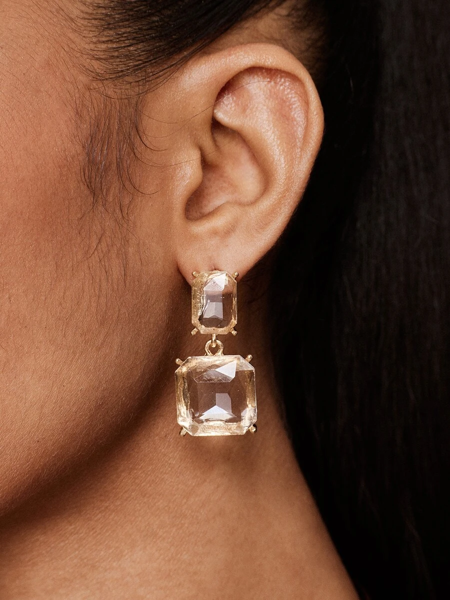 Valisandre 1 Pair Minimalist Gold Earrings, Transparent Square Cubic Zirconia - Gold - View 1