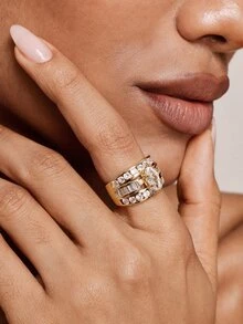 Valisandre 1pc Fashionable Copper Cubic Zirconia Decorative Ring, Women's Wedding Decoration Ring - Yellow Gold - View 3