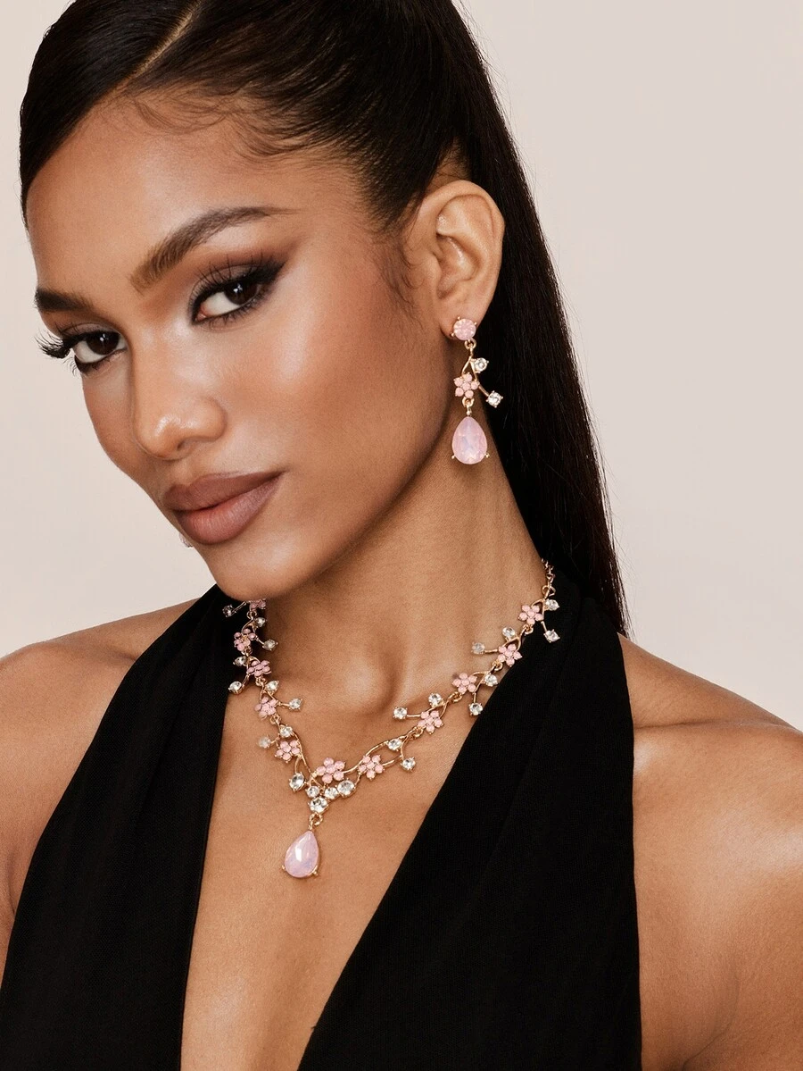 Valisandre 3 PiecesVintage Plum Color Set, Includes Purple Crystal Earrings And Necklace - Baby Pink - View 1