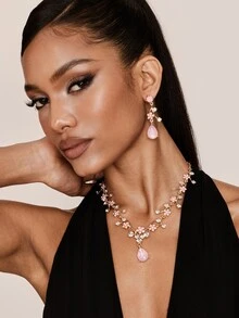 Valisandre 3 PiecesVintage Plum Color Set, Includes Purple Crystal Earrings And Necklace - Baby Pink - View 7