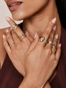 Valisandre 6pcs Plain Geometric Chunky Fashion Rings, Vintage Inspired Classic Gold Color Cocktail Rings For Women - Gold - View 8