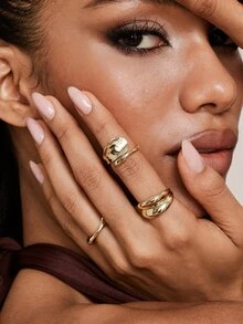 Valisandre 6pcs Plain Geometric Chunky Fashion Rings, Vintage Inspired Classic Gold Color Cocktail Rings For Women - Gold - View 3