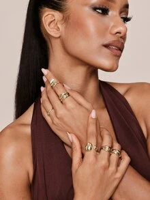 Valisandre 6pcs Plain Geometric Chunky Fashion Rings, Vintage Inspired Classic Gold Color Cocktail Rings For Women - Gold - View 9
