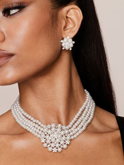 Valisandre 3 Pieces Faux Pearl Happiness Flower Wedding Necklace Earrings Jewelry Set