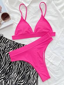 SHEIN Swim Summer Beach Plain High Waisted Bikini - Hot Pink - View 5