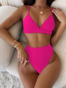 SHEIN Swim Summer Beach Plain High Waisted Bikini - Hot Pink - View 3