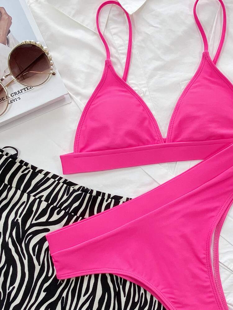 SHEIN Swim Summer Beach Plain High Waisted Bikini - Hot Pink - View 4