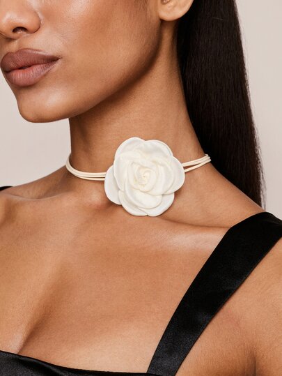 Valisandre 1 pieza Collar con flor de rosa para mujeres, collar gargantilla con flor negra, cadena de cuello de cordón encerado de camelias