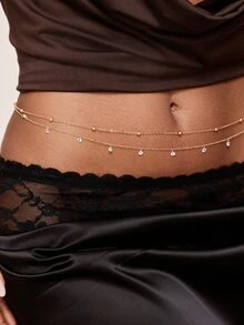Valisandre 1pc Multi-Layer Beaded Sexy Silver & Gold Waist Chain, Adjustable Crystal Belly Chain Bikini Belt Body Jewelry - Yellow Gold - View 4