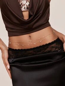 Valisandre 1pc Multi-Layer Beaded Sexy Silver & Gold Waist Chain, Adjustable Crystal Belly Chain Bikini Belt Body Jewelry - Yellow Gold - View 3