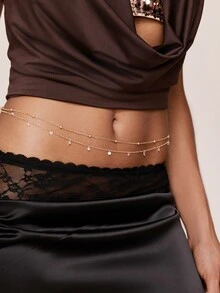 Valisandre 1pc Multi-Layer Beaded Sexy Silver & Gold Waist Chain, Adjustable Crystal Belly Chain Bikini Belt Body Jewelry - Yellow Gold - View 8