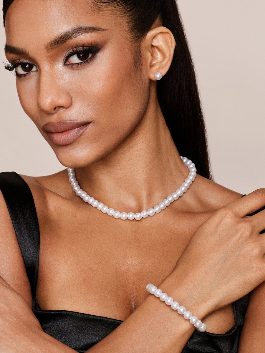 Valisandre 4pcs Faux Pearl Beaded Necklace Bracelet Earrings Set, Bridal Wedding Jewelry Accessories - Milky - View 1