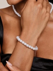 Valisandre 4pcs Faux Pearl Beaded Necklace Bracelet Earrings Set, Bridal Wedding Jewelry Accessories - Milky - View 4