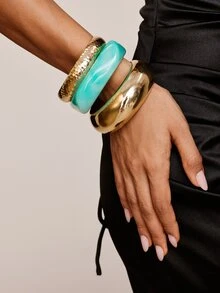 Valisandre 3pcs Resin Bracelet Set, Mixed Turquoise Color Metal Chunky Bangle Bracelets, Stackable Style Suitable For Spring/Summer - Multicolor - View 7
