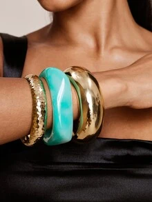 Valisandre 3pcs Resin Bracelet Set, Mixed Turquoise Color Metal Chunky Bangle Bracelets, Stackable Style Suitable For Spring/Summer - Multicolor - View 8