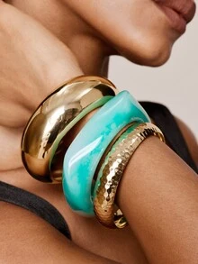 Valisandre 3pcs Resin Bracelet Set, Mixed Turquoise Color Metal Chunky Bangle Bracelets, Stackable Style Suitable For Spring/Summer - Multicolor - View 1