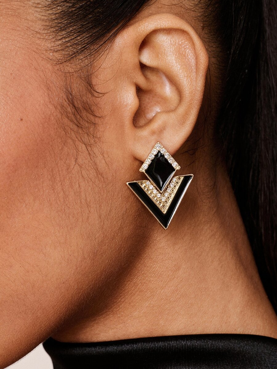 Valisandre Rhinestone Decor Geometric Drop Earrings - Black - View 1