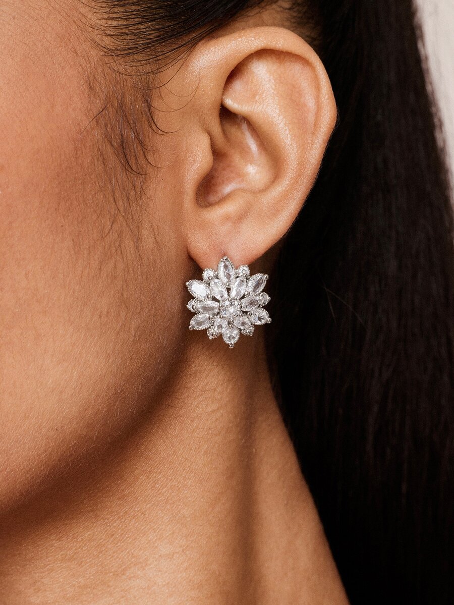 Valisandre 2 chiếc hoa lãng mạn CZ Zirconia hoa tai lớn màu hồng cho phụ nữ quà tặng ngày lễ tình nhân Valentine - trắng - Xem 1
