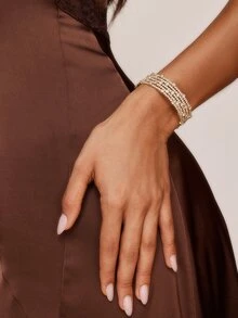 Valisandre Multi-Layer Fashionable Rhinestone Wrapped Open Cuff Handmade Bracelet For Women - Gold - View 8